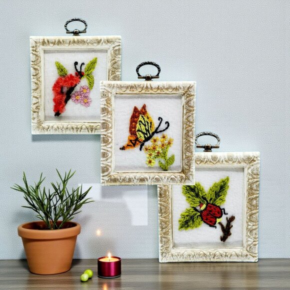 Vintage 1970s Butterfly Ladybug Caterpillar Miniature Crewel Art Set Frames - Picture 1 of 17